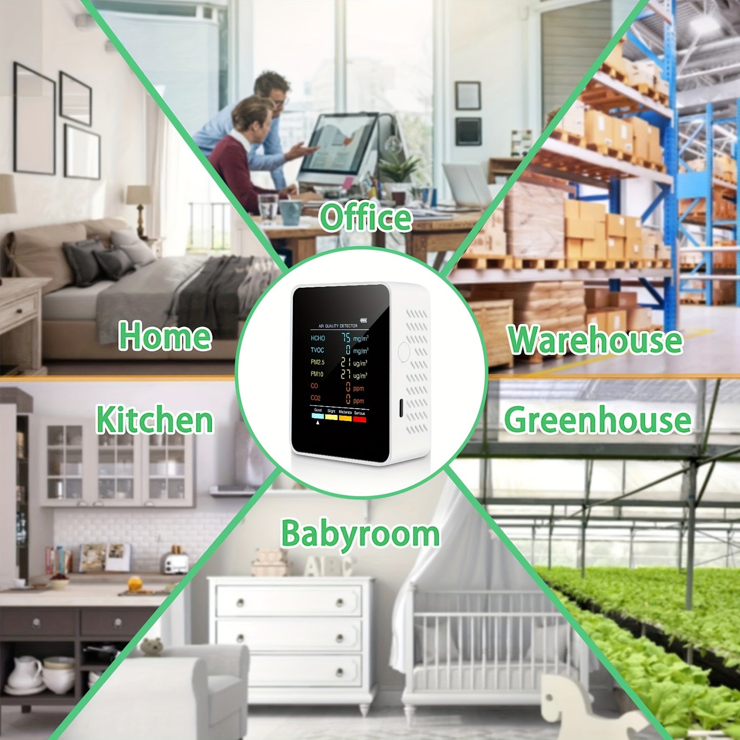 6-in-1 Multi-Function Air Quality Monitor - Detects CO2, PM2.5, PM10, TVOC & HCHO - Advanced Formaldehyde Sensor with Clear LCD Display - Ideal for Home & Office Air Health Monitoring