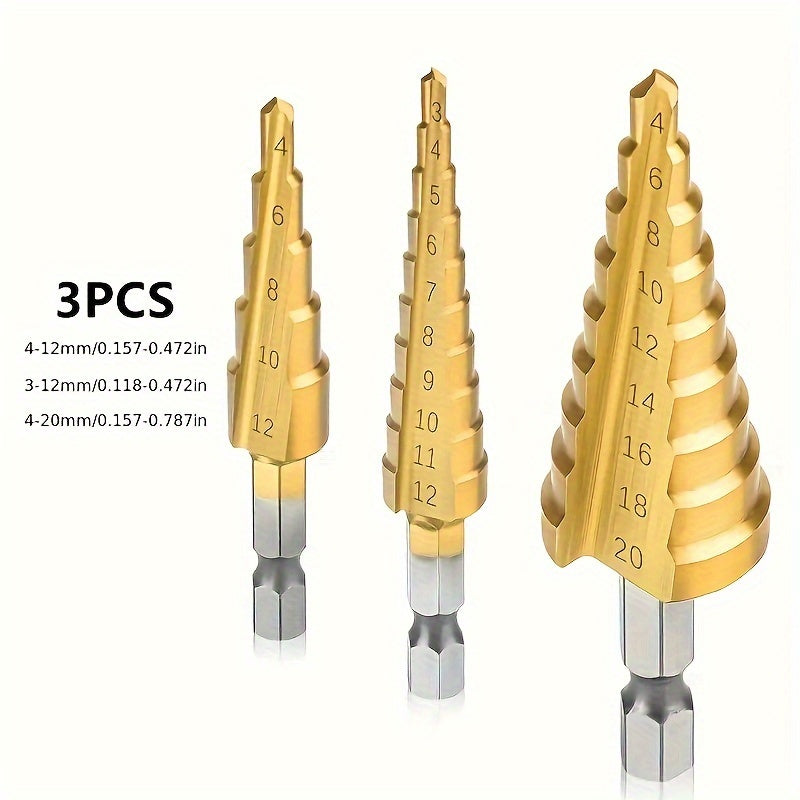 3-Piece Titanium-Coated Hss Step Drill Bit Set With Handle - Versatile For Plastic, Wood, Metal Sheet & Aluminum