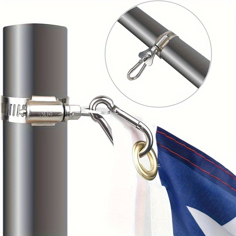 4-Piece Stainless Steel Flagpole Clips With Carabiner - Durable, Adjustable Grommet For Outdoor Flags On Poles 0.75-1.25" Diameter