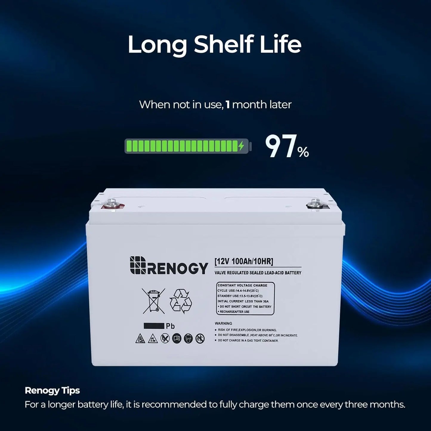 Deep Cycle AGM 12 Volt 100Ah Battery 3% Self-Discharge Rate 1100A Max Discharge Current Safe Charge Appliances for Camping