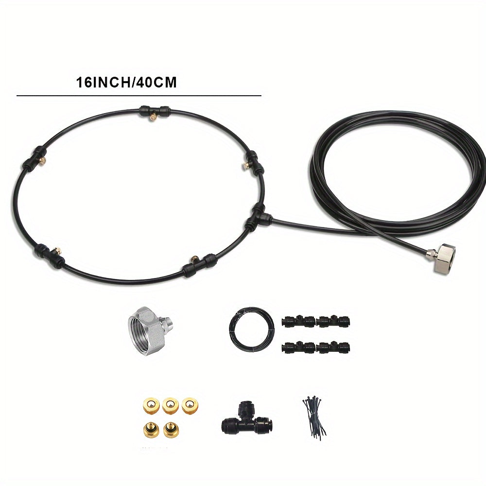 Misting System Kit for Fans with 4 Brass Nozzles, 5 Brass Spray Heads, 1 Copper Connector, 3m PE Extension Hose, and 10 Cable Ties - Compatible with Small Desktop, Medium Stand, and Large Patio Fans.
