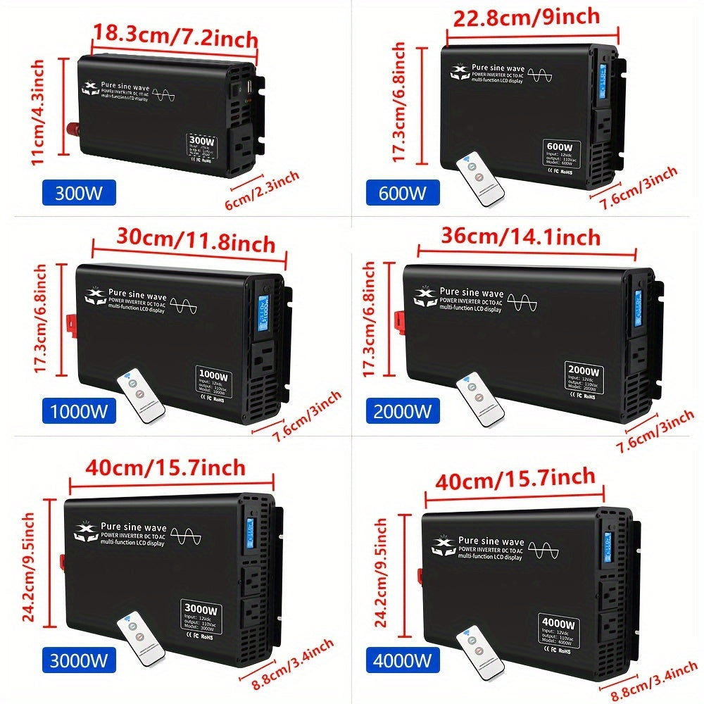 1200W Pure Sine Wave Inverter - 12V to 110V Car Converter with US Plug, Low Power, Household, Room Electrical/Hard Wiring, and Overload Protection - Reliable Power Supply for Home and Travel