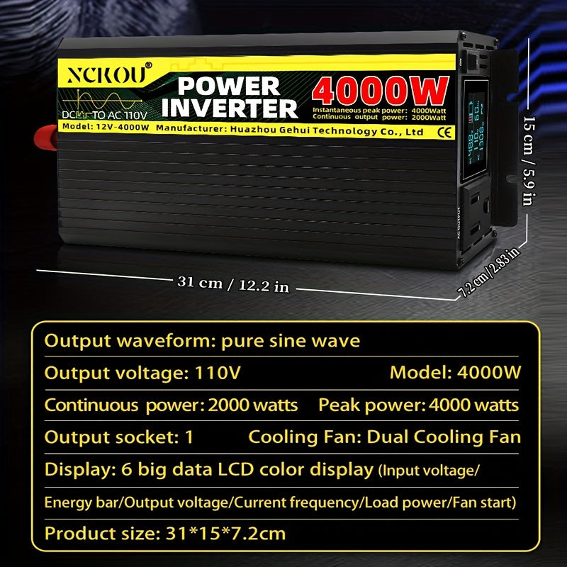 NCKOU 4000W Pure Sine Wave Power Inverter DC 12V to AC 110V with Single Outlet, 6-Group Data LCD Display, PLC Intelligent Cooling Fan, Aluminum Alloy Shell, 2000W Rated Power, US Plug
