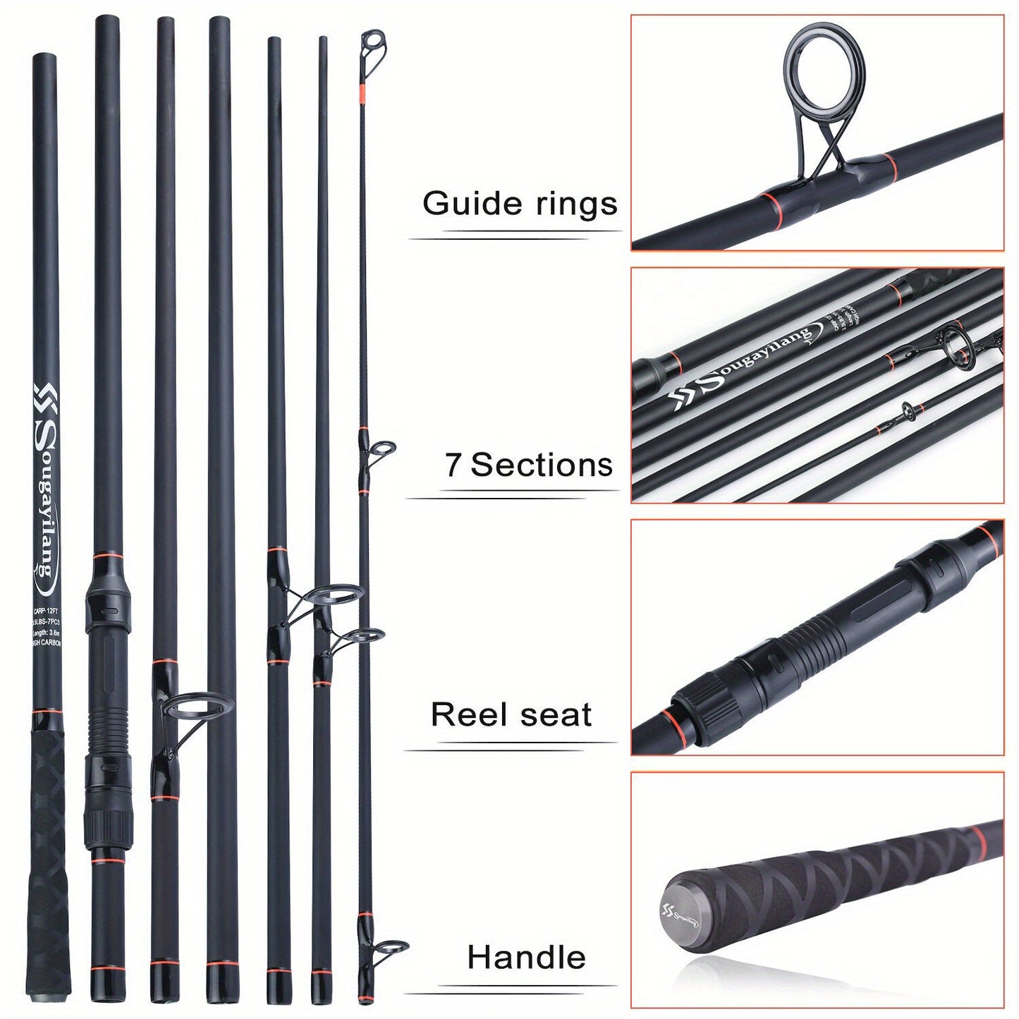 Sougayilang [for Advanced Anglers] Fishing Rod Carbon Fiber Carp Rod, 3m/9.84ft 3.6m/11.81ft 6/7-piece Fishing Pole, Comfortable Handle For Carp Fishing
