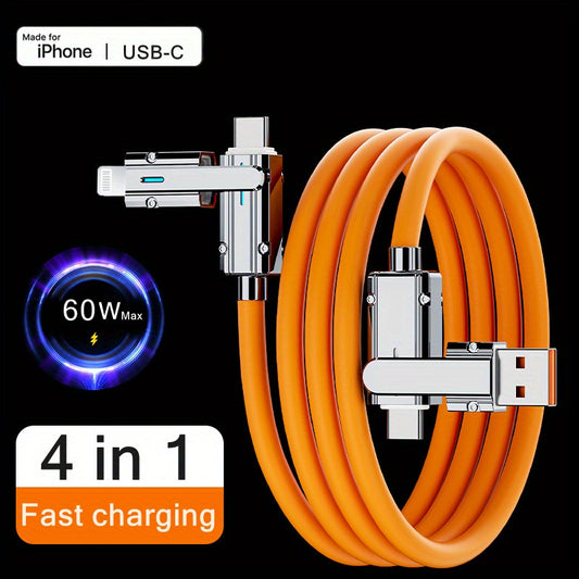 60W Multi-Device Fast Charging Cable - 4-in-1 USB Connectivity for iPhone, Samsung, Xiaomi - Durable Tablet Charger with Quick Charge Functionality for On-the-Go Convenience