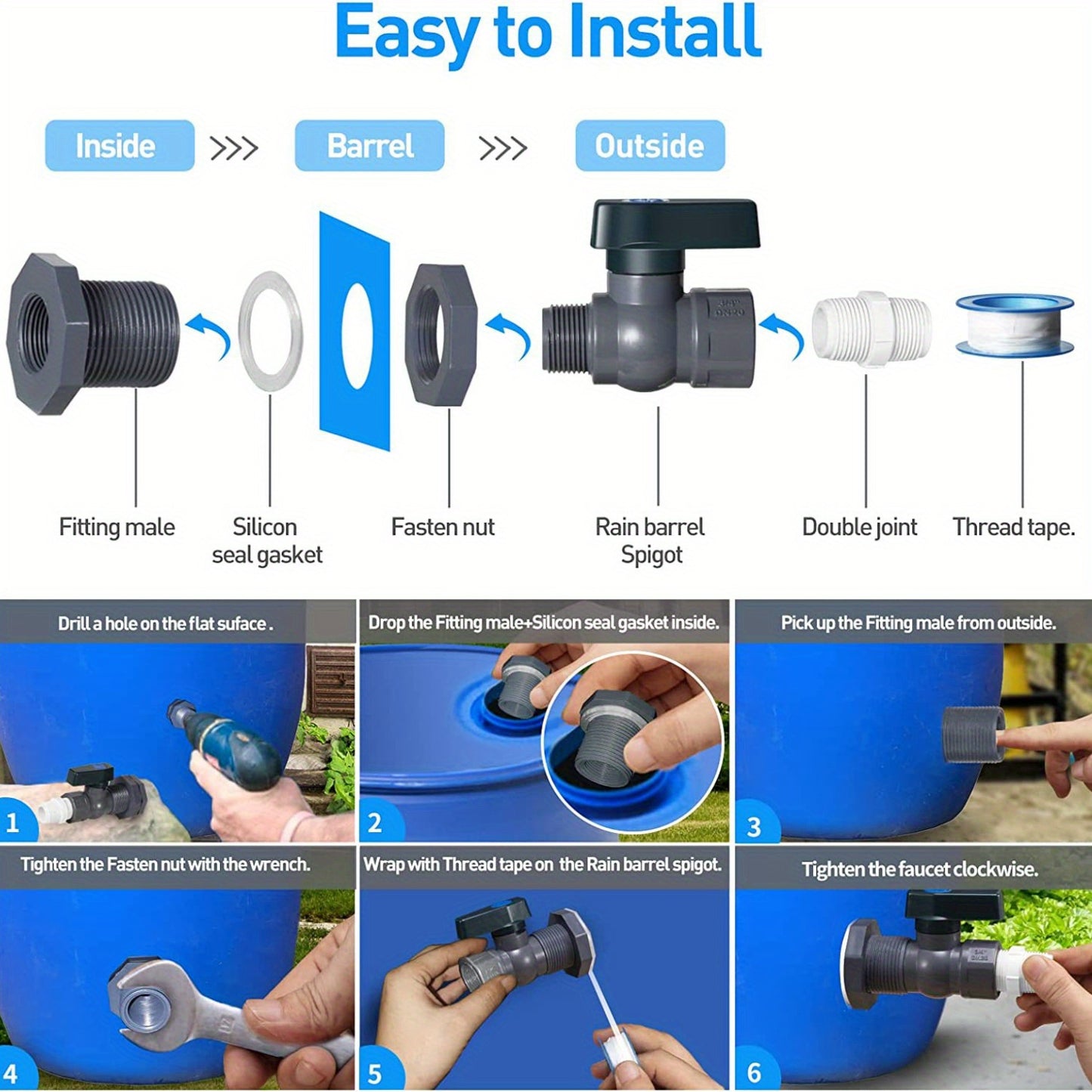 1pc Classic Style Large Capacity PVC Water Barrel Spigot Kit - Universal Thread Connection, Wall Mountable, Includes Installation Hardware, Durable Plastic Material, Perfect for Garden and Rain Barrel Water Storage