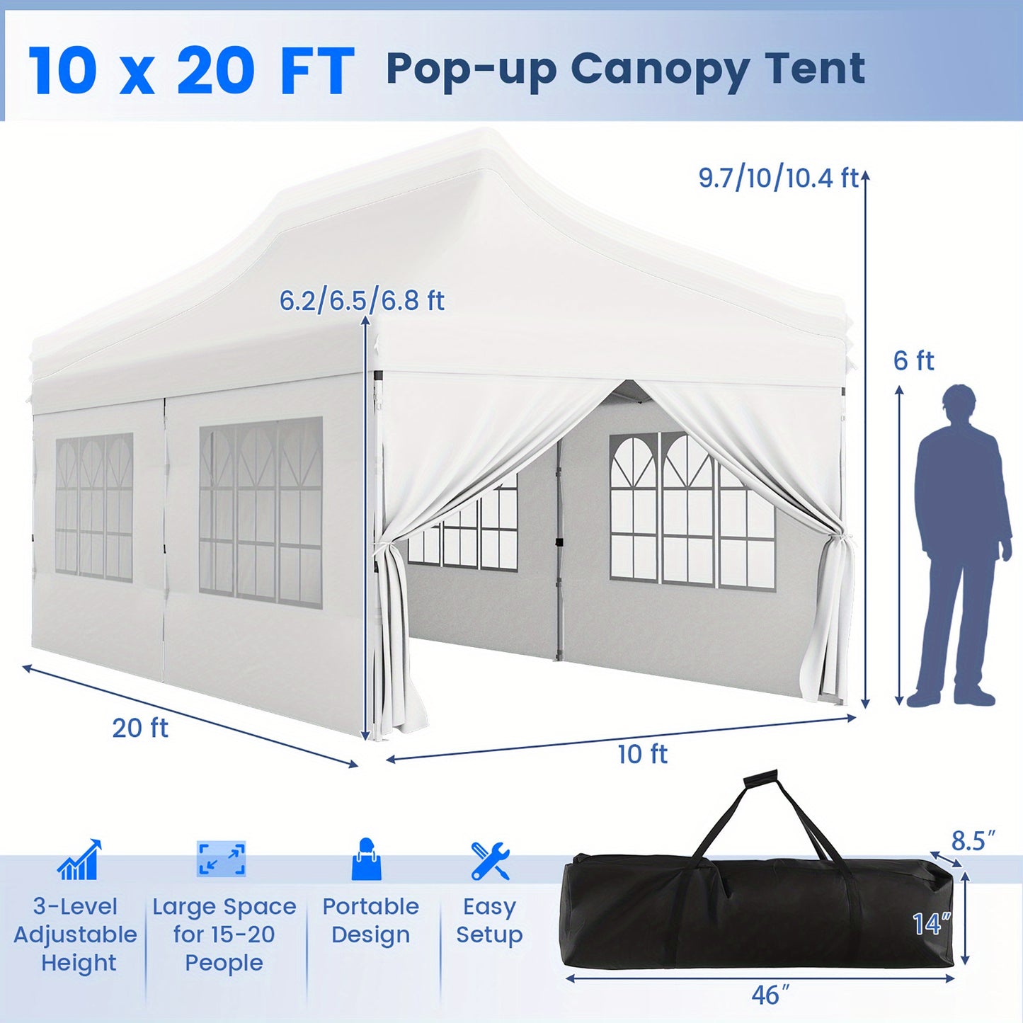 Gymax 10 x 20 FT Canopy w/ 6 Detachable Sidewalls Carrying Bag UPF50+ Sun Protection White
