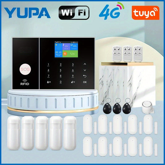 Wifi 4G Wireless Alarm System Smart Home Child Safety Home Anti-theft System Smart Life App Control Works with ALexa Motion Detector Door and Window Sensor Remote Control RFID Keypad Siren for Residential Apartment Office