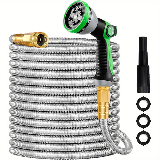 Metal Garden Hose, 25FT-100FT Lightweight 304 Stainless Steel Water Hose With Multifunction Nozzle & Sprayer, Flexible, High Pressure, No Kink, Puncture Proof Hose For Yard, Outdoors