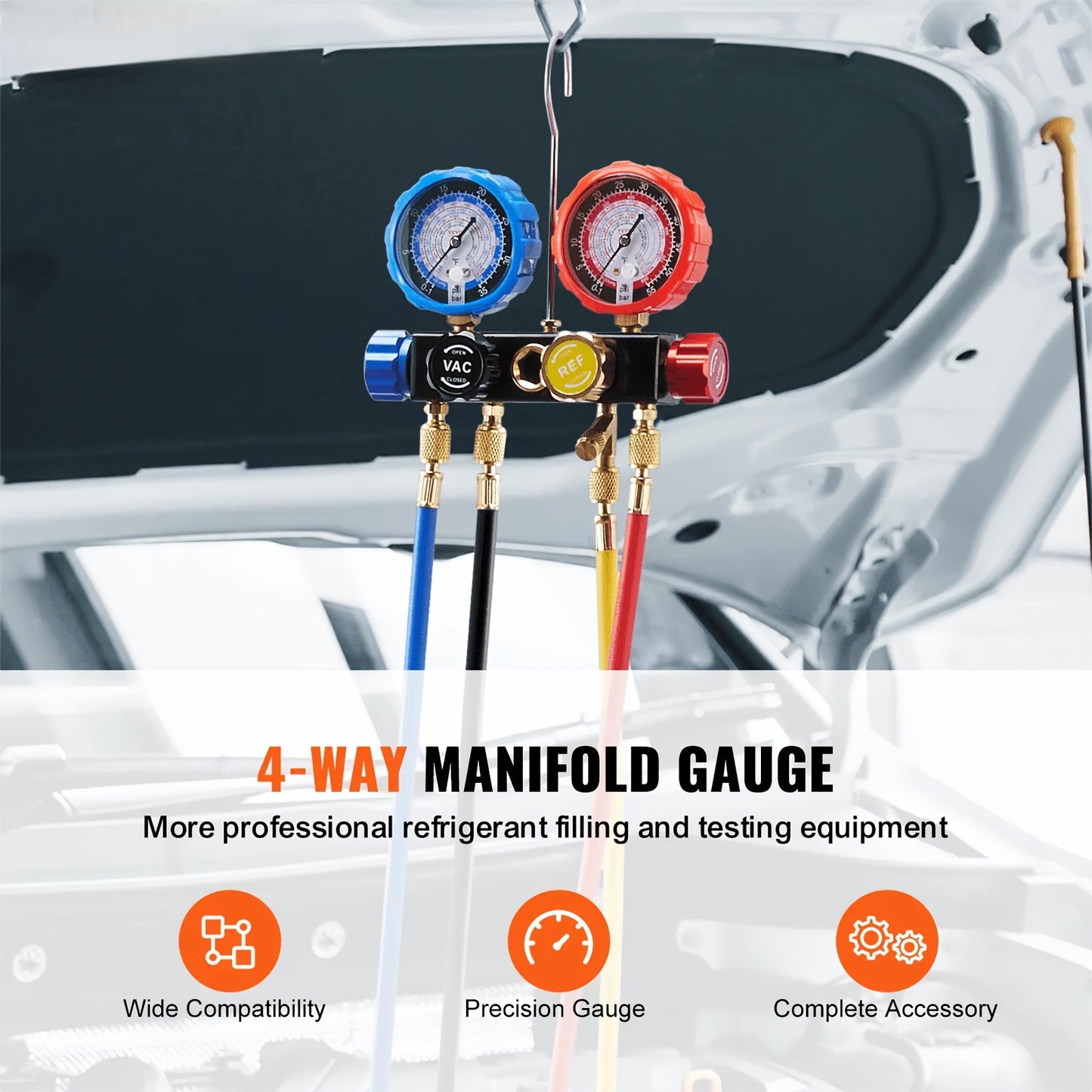 4 Way AC Gauge, Automotive AC Manifold, AC Manifold Gauge Set for R134A R22 R12 R410A Refrigerant, Gauge with 5ft Hoses, Couplers, Can Tap Works on Car Auto Charging and Evacuation