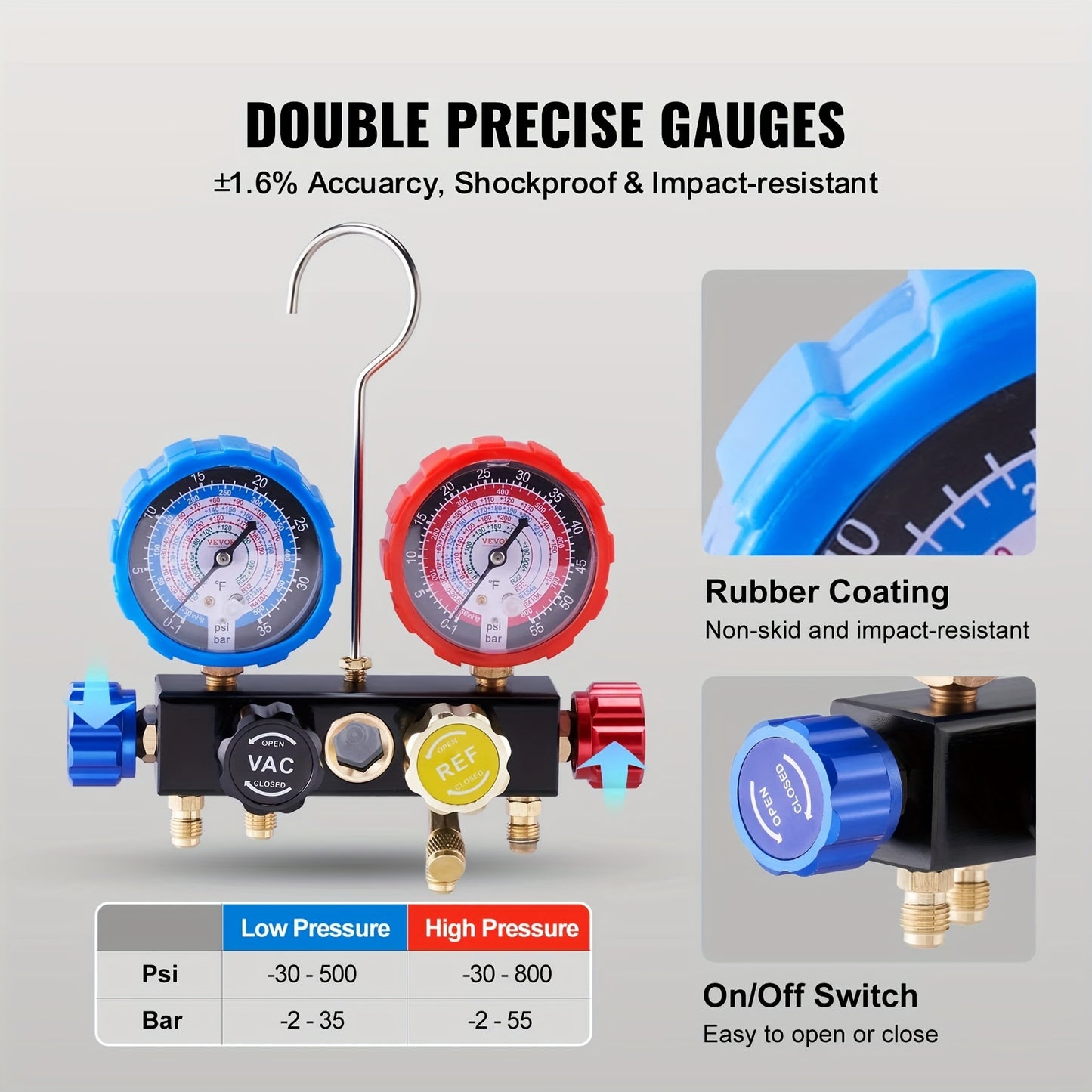 4 Way AC Gauge, Automotive AC Manifold, AC Manifold Gauge Set for R134A R22 R12 R410A Refrigerant, Gauge with 5ft Hoses, Couplers, Can Tap Works on Car Auto Charging and Evacuation