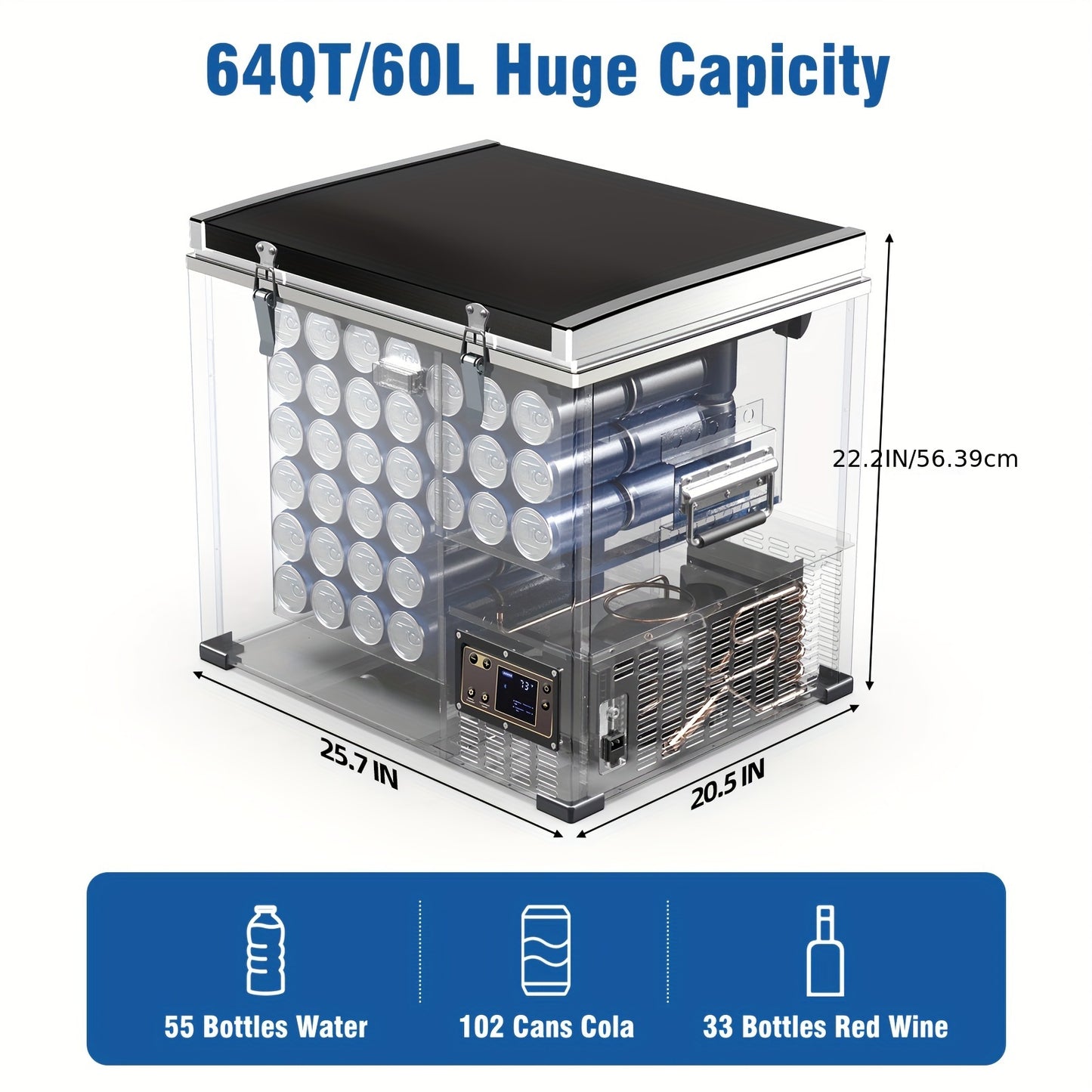 BODEGACOOLER 12 Volt Car Refrigerator, Protable Freezer APP Control, 64Quart Car Fridge, Electric Cooler 12/24V DC 110-240V AC For Outdoor, Vehicles, Camping, Travel, RV, Home Use