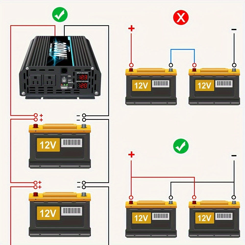 Power Inverter 3000W/6000W 12V DC to 110V 120V AC LCD Cable Car Boat RV Car Truck Home