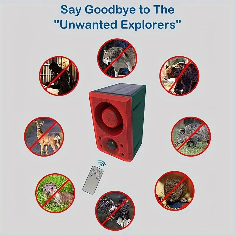 1pc 130dB Solar-Powered Alarm with Motion Detection – Dog Bark & Gunshot Sounds – Remote Controlled Security Alert System for Home, Villa, Yards, Chicken Coops, Farms, Barns