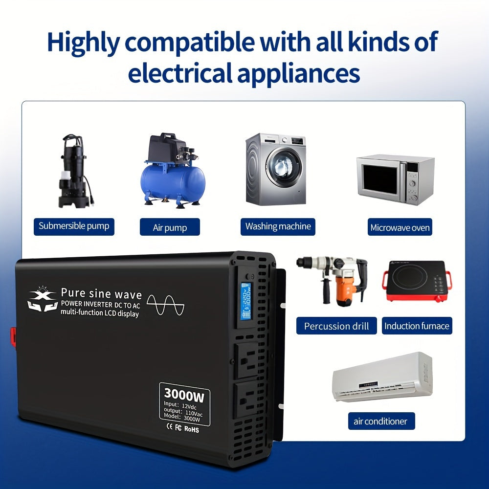 1200W Pure Sine Wave Inverter - 12V to 110V Car Converter with US Plug, Low Power, Household, Room Electrical/Hard Wiring, and Overload Protection - Reliable Power Supply for Home and Travel