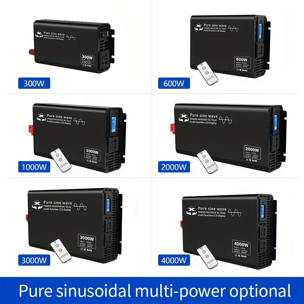 1200W Pure Sine Wave Inverter - 12V to 110V Car Converter with US Plug, Low Power, Household, Room Electrical/Hard Wiring, and Overload Protection - Reliable Power Supply for Home and Travel
