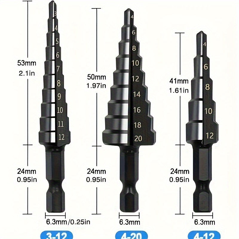 3-Piece Titanium-Coated Hss Step Drill Bit Set With Handle - Versatile For Plastic, Wood, Metal Sheet & Aluminum