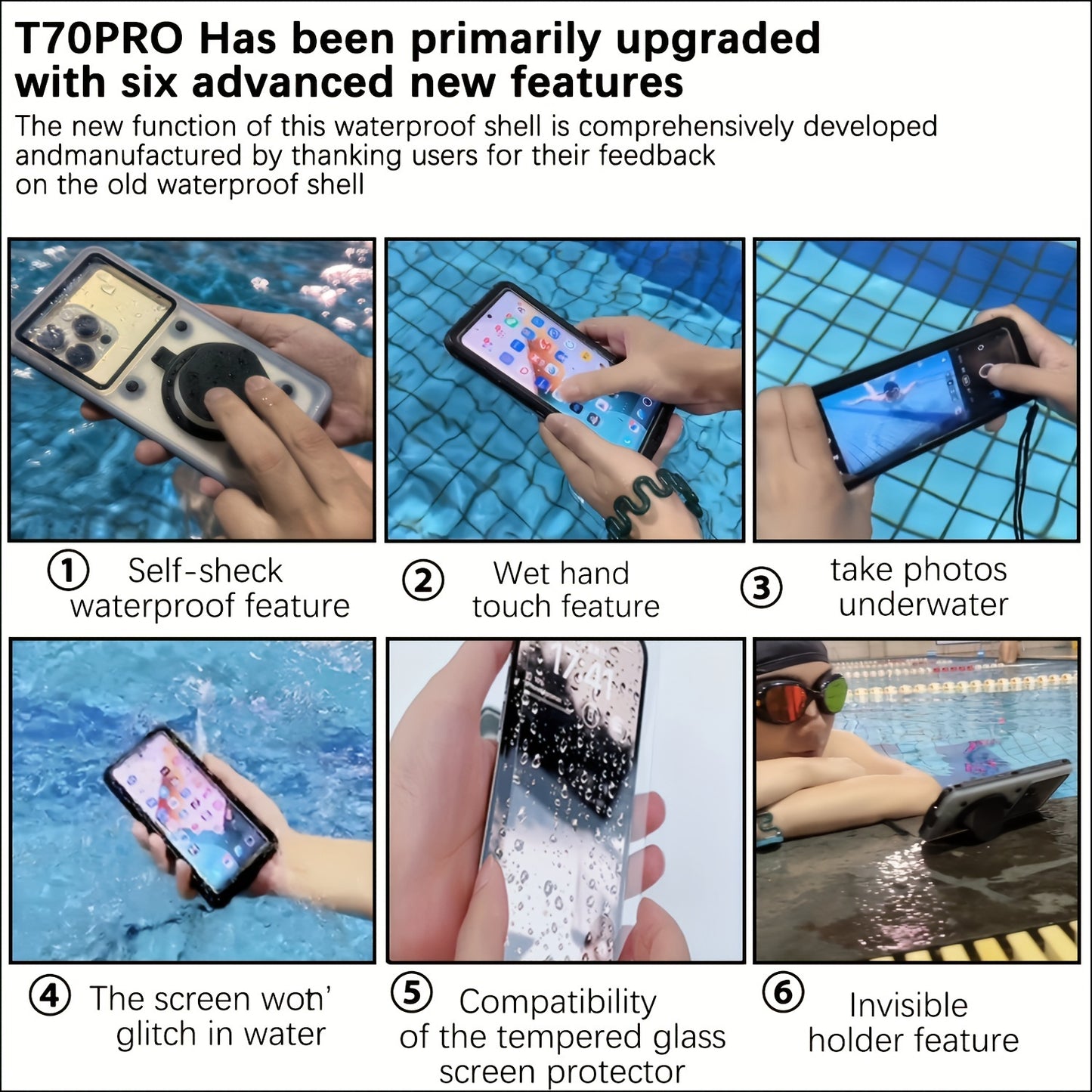 6.9" Waterproof Phone Case With Self-Testing, Touch Control & Stand - Shockproof, Anti-Drop Protection For All Smartphones - Ideal For Swimming, Diving & Outdoor Activities