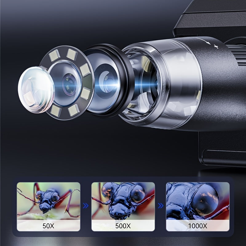 1000X Zoom HD Microscope - 1080P High-Resolution, 8 LED Illumination, Realistic Image Capture for Education and Research