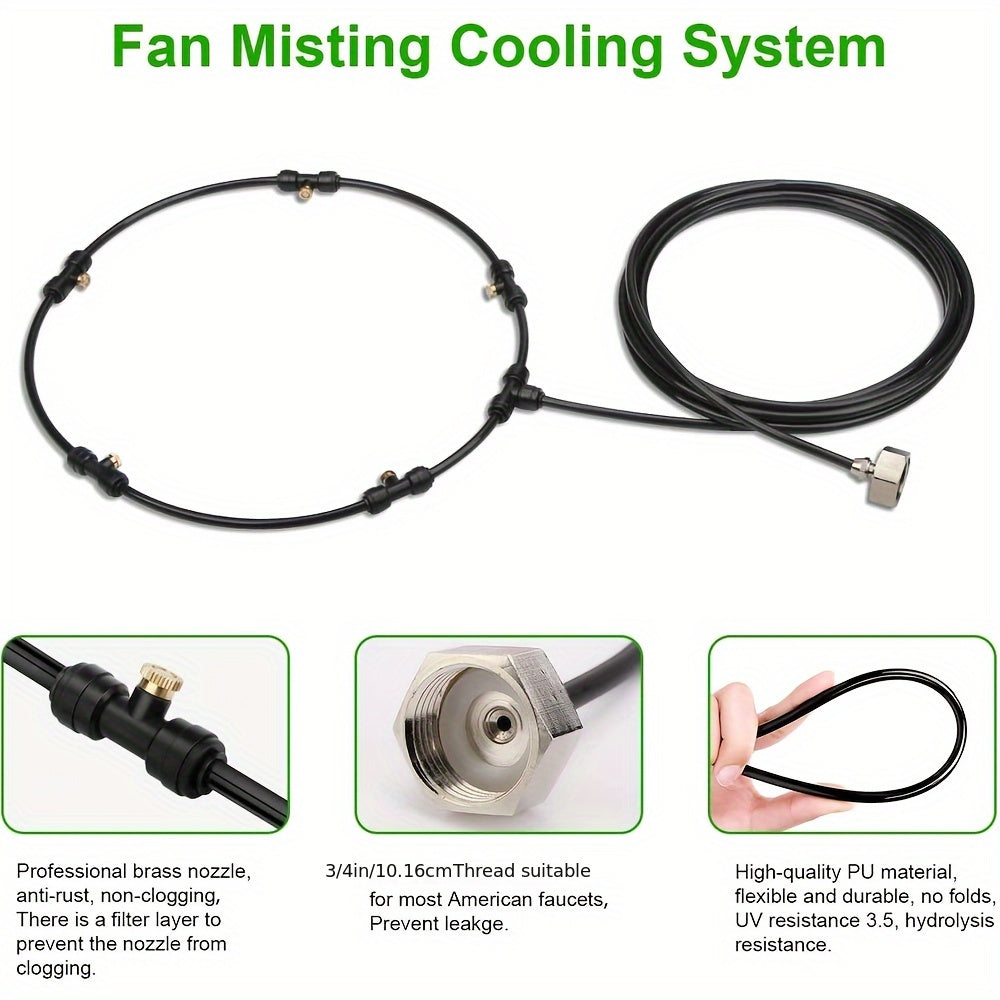 Misting System Kit for Fans with 4 Brass Nozzles, 5 Brass Spray Heads, 1 Copper Connector, 3m PE Extension Hose, and 10 Cable Ties - Compatible with Small Desktop, Medium Stand, and Large Patio Fans.