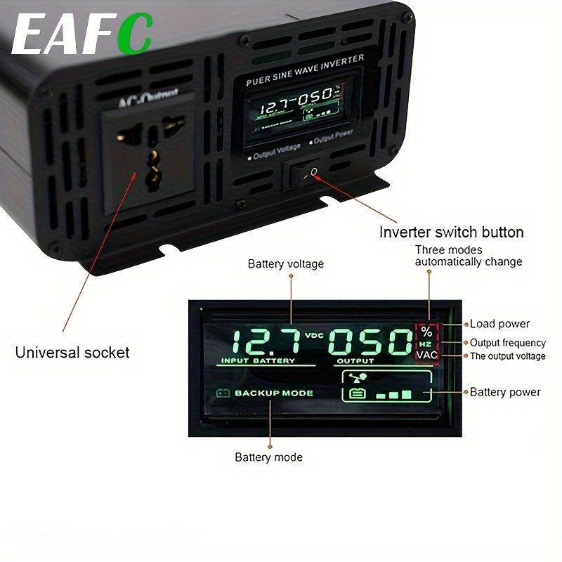 High-Efficiency 7000W Car Power Inverter - Pure Sine Wave, DC 12V to AC 110V Converter with LCD Display for Road Trips