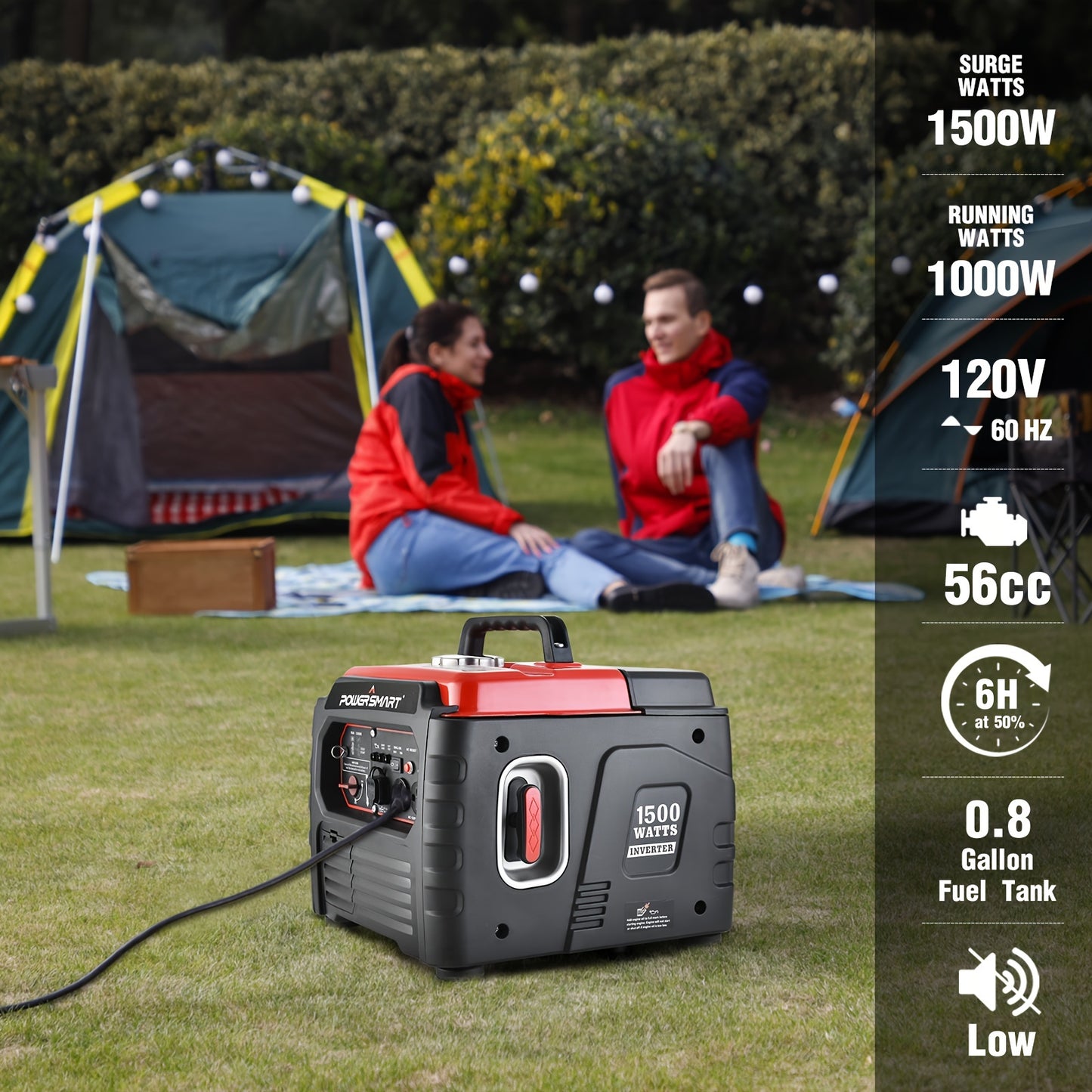 1500-Watt PowerSmart Portable Inverter Generator - Ultra-Light, Quiet, and CARB Compliant - Perfect for Camping and Outdoor Activities with Recoil Start, Small Size, and Gas Powered Efficiency