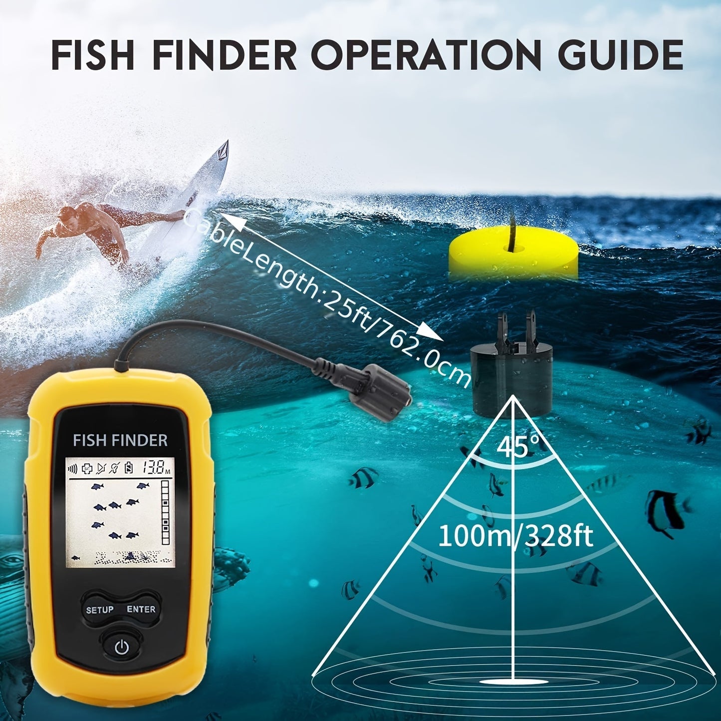 45° Wide-Angle Smart Fish Finder - Instant Alarm Sonar System with Durable Transducer for Exciting Freshwater & Saltwater Fishing Expeditions