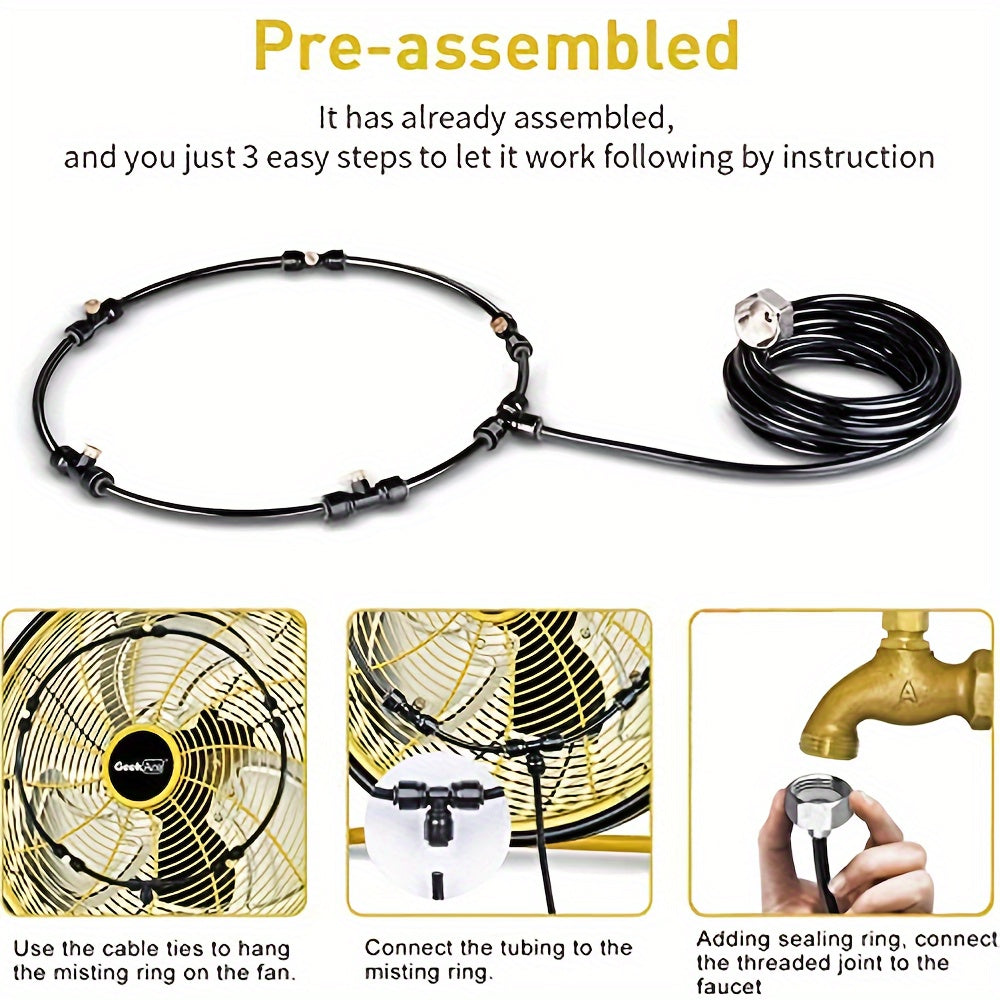Misting System Kit for Fans with 4 Brass Nozzles, 5 Brass Spray Heads, 1 Copper Connector, 3m PE Extension Hose, and 10 Cable Ties - Compatible with Small Desktop, Medium Stand, and Large Patio Fans.