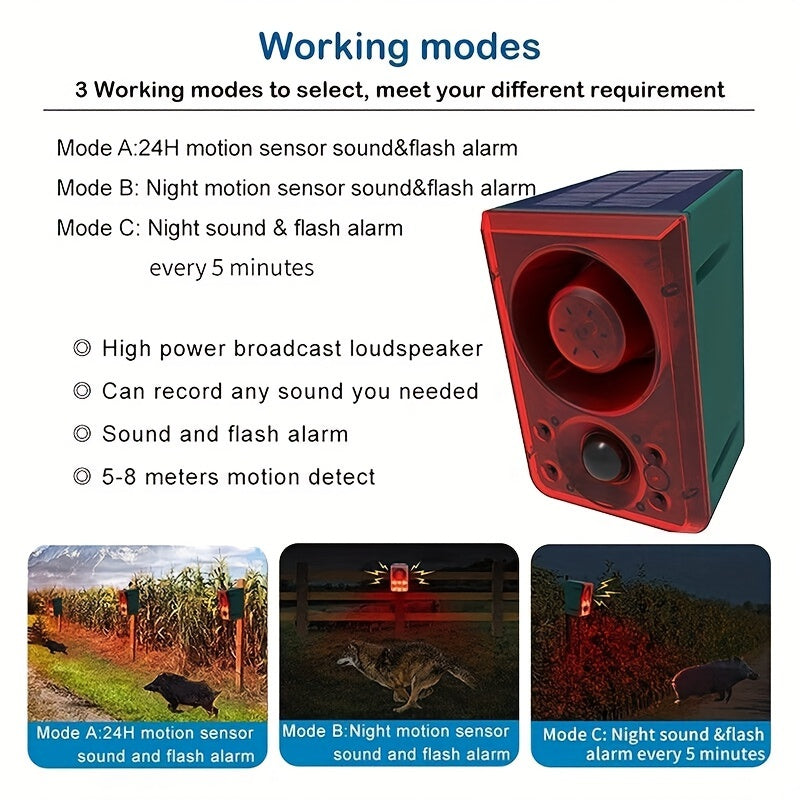 1pc 130dB Solar-Powered Alarm with Motion Detection – Dog Bark & Gunshot Sounds – Remote Controlled Security Alert System for Home, Villa, Yards, Chicken Coops, Farms, Barns