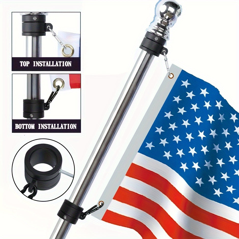 360° Rotating Flagpole Mounting Rings Set with Carabiners - 2 Pack Heavy Duty Metal Flag Pole Clips for 1-Inch Diameter Pole, Anti-Wrap Outdoor Flag Hardware, No Battery or Electricity Needed