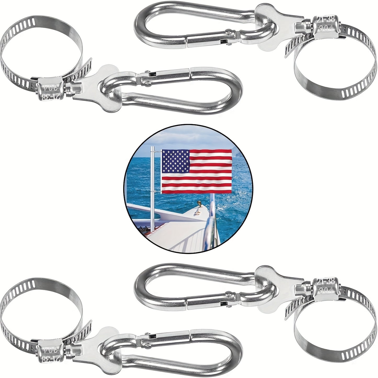 4-Piece Stainless Steel Flagpole Clips With Carabiner - Durable, Adjustable Grommet For Outdoor Flags On Poles 0.75-1.25" Diameter