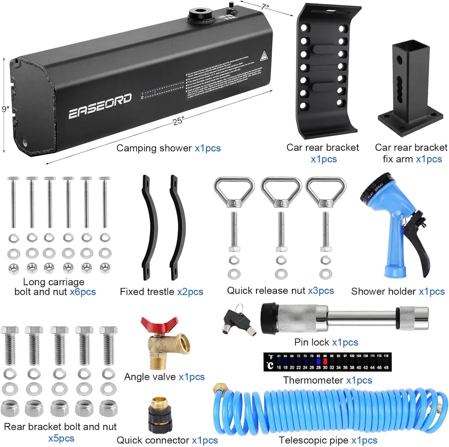 EASEORD 4.5 Gallon Pressurized Water Tank for Camping Shower, Off Road Shower for Overlanding Portable Water Storage Mount