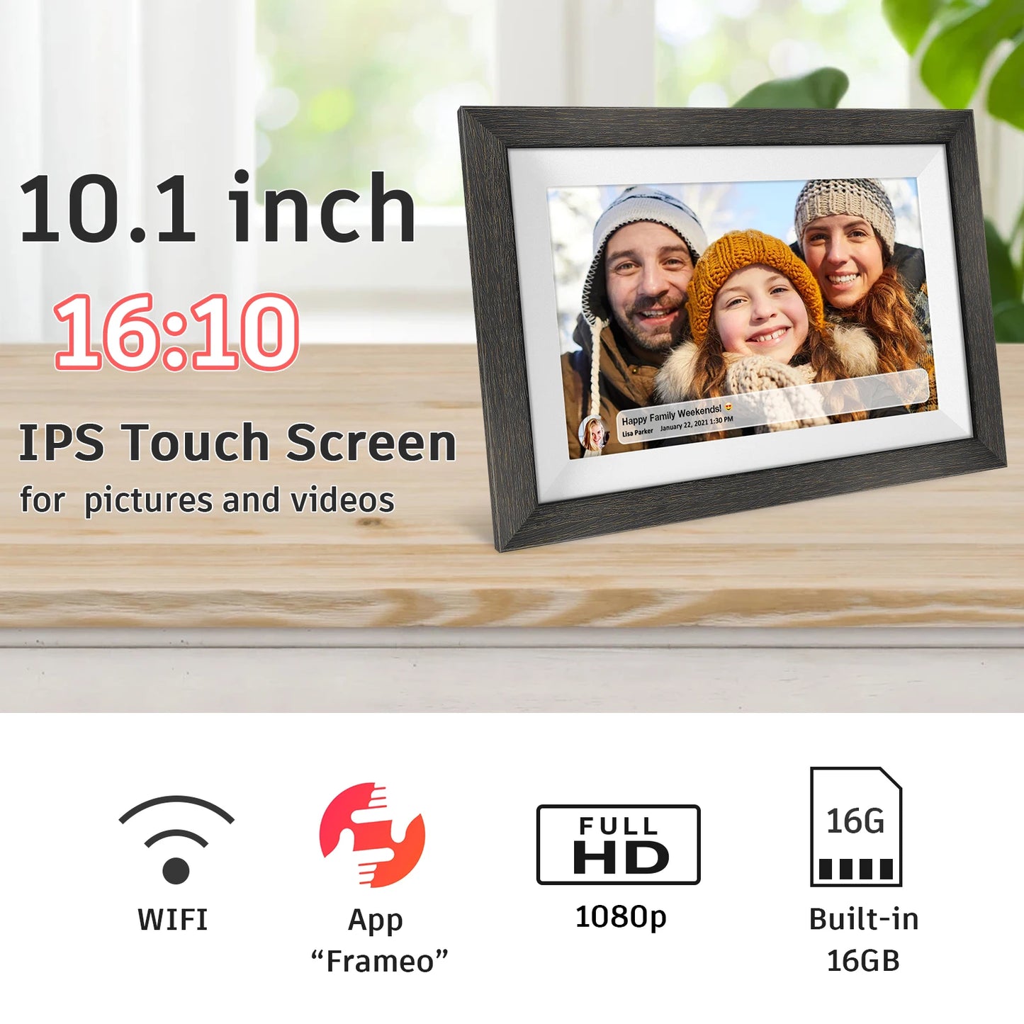 Frameo 10.1 Inch Digital Photo Frame 1280x800 HD IPS Screen LED Wooden Digital Electronic Photo Album LCD Photo Frame