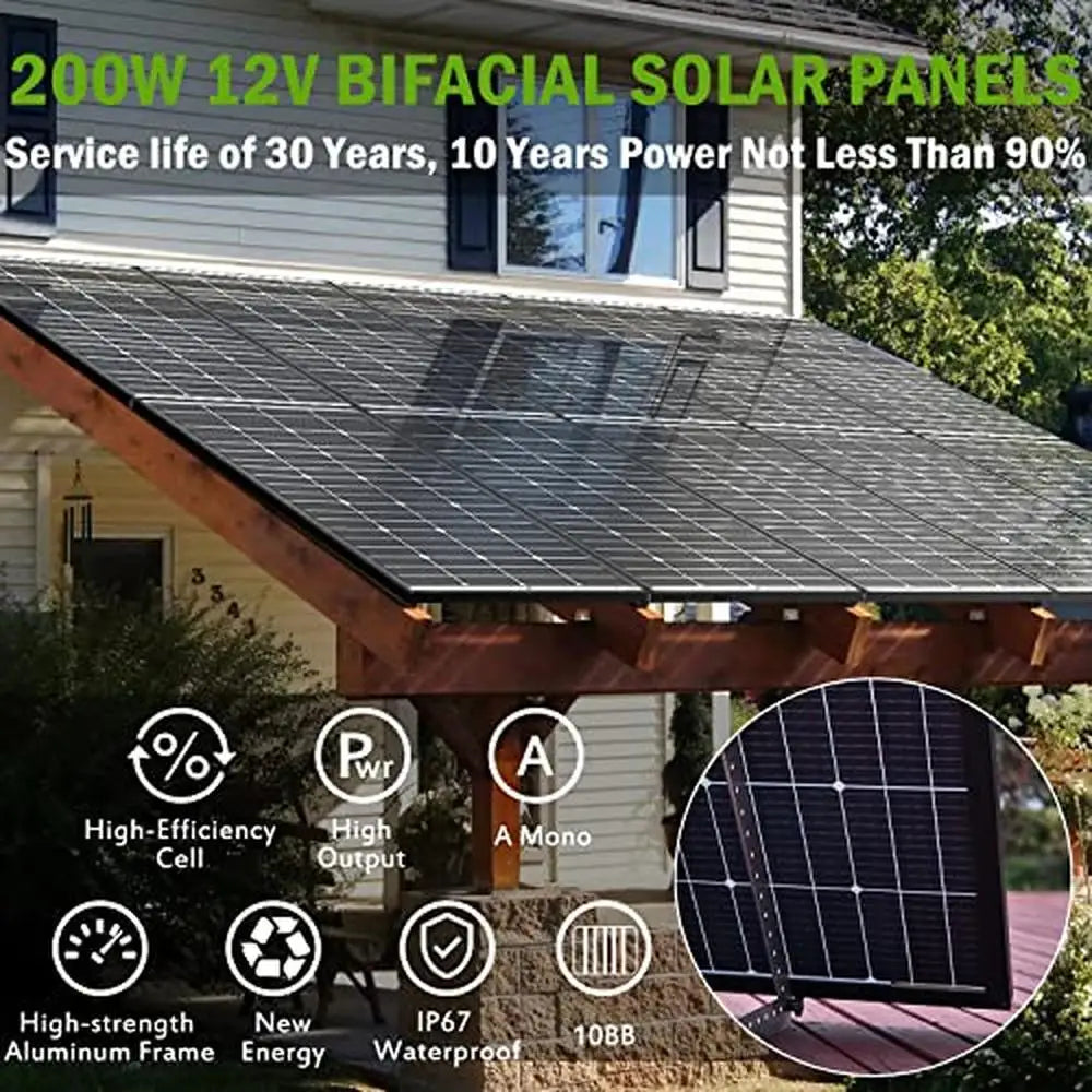 200W Bifacial Monocrystalline Solar Panel 12V 10BB High Efficiency Module RV Home Battery Charging Farm Transparent Backsheet