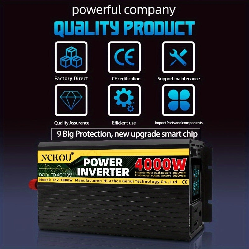 NCKOU 4000W Pure Sine Wave Power Inverter DC 12V to AC 110V with Single Outlet, 6-Group Data LCD Display, PLC Intelligent Cooling Fan, Aluminum Alloy Shell, 2000W Rated Power, US Plug