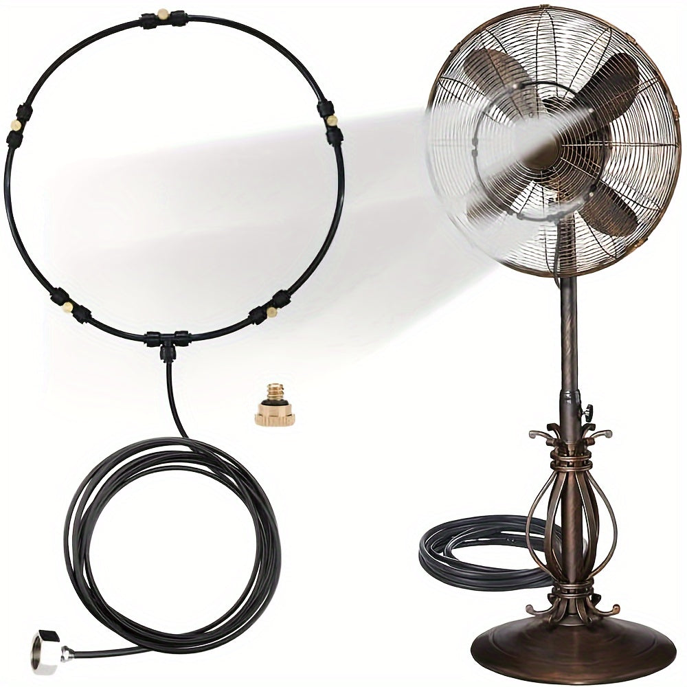 Misting System Kit for Fans with 4 Brass Nozzles, 5 Brass Spray Heads, 1 Copper Connector, 3m PE Extension Hose, and 10 Cable Ties - Compatible with Small Desktop, Medium Stand, and Large Patio Fans.