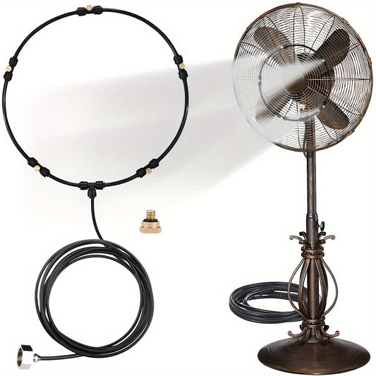 Misting System Kit for Fans with 4 Brass Nozzles, 5 Brass Spray Heads, 1 Copper Connector, 3m PE Extension Hose, and 10 Cable Ties - Compatible with Small Desktop, Medium Stand, and Large Patio Fans.