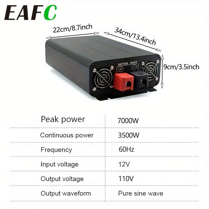 High-Efficiency 7000W Car Power Inverter - Pure Sine Wave, DC 12V to AC 110V Converter with LCD Display for Road Trips