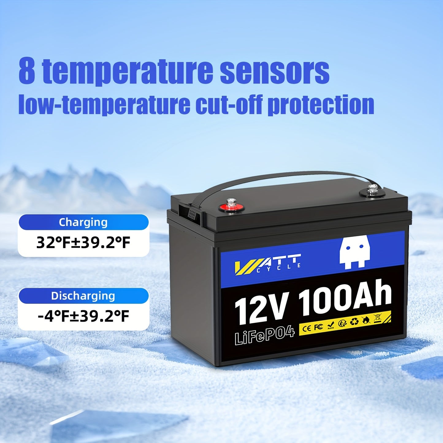 Long-Lasting 12V 100Ah LiFePO4 Battery - Ultra-High Cycle Life - Integrated 100A BMS, Cold Weather Guard - Perfect for RVs, Off-Grid Living, and Solar Energy Systems
