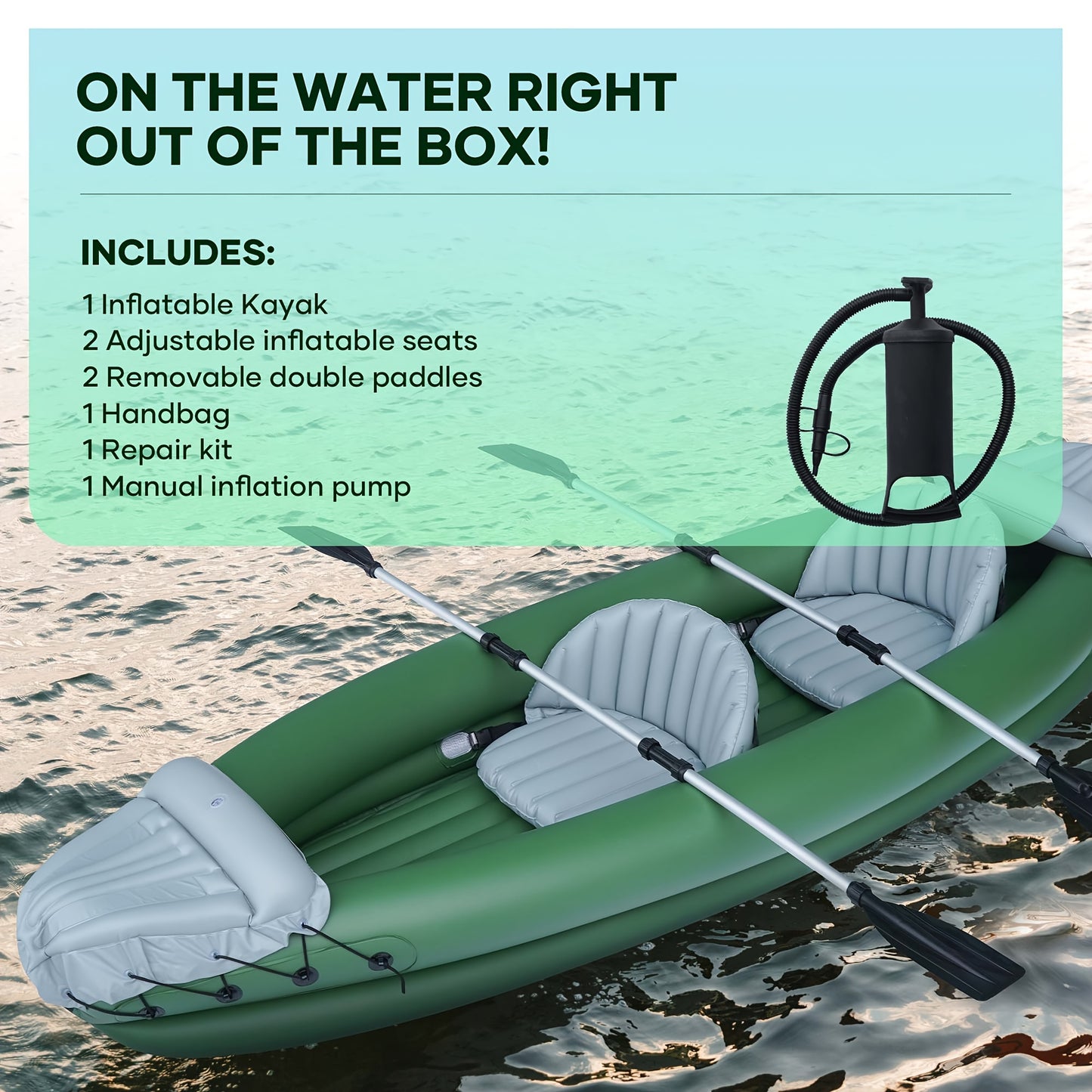 Adventure Gear Inflatable Kayak -in Style Load capacity 400lb 1-2 person, Green 
 Explore the Waters
