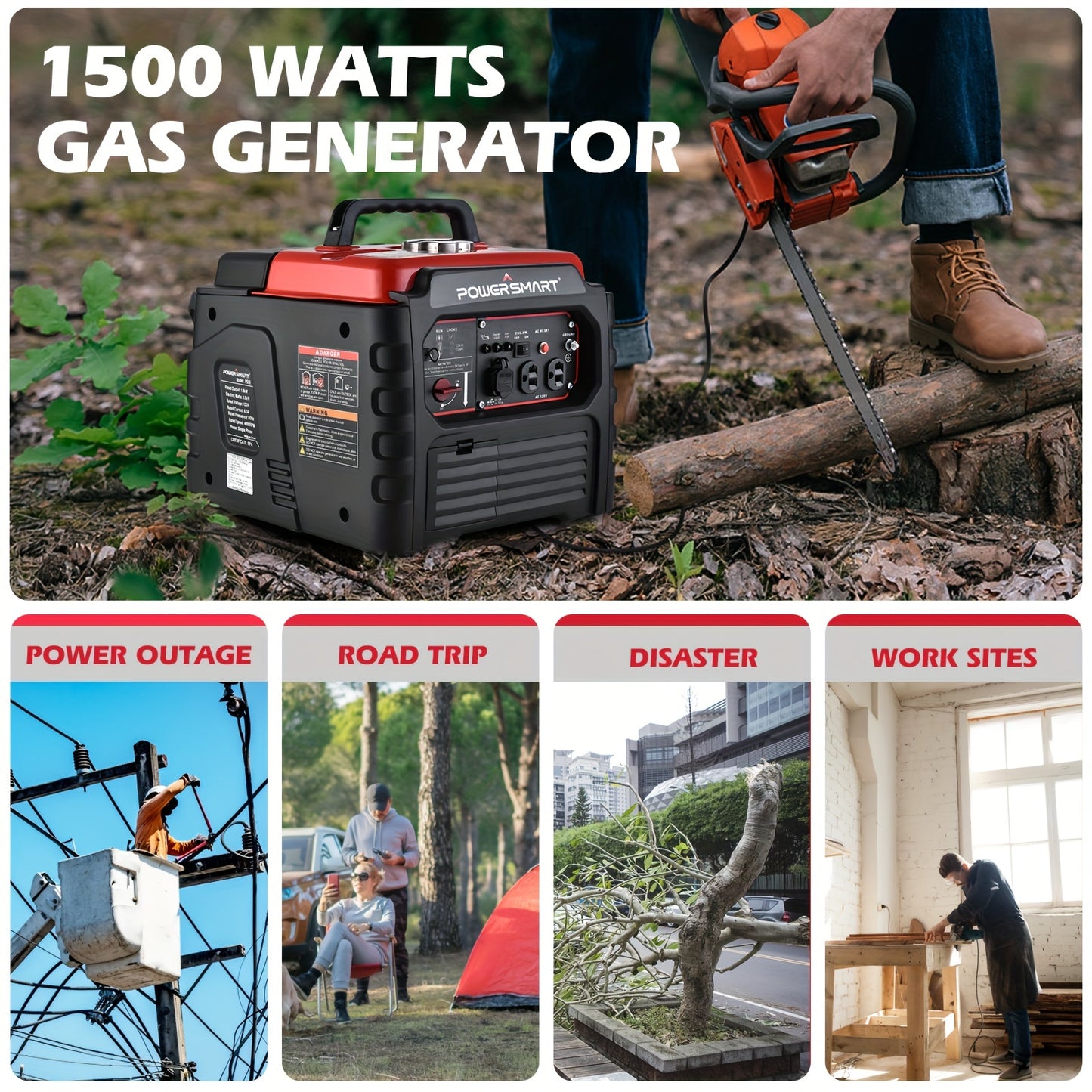 1500-Watt PowerSmart Portable Inverter Generator - Ultra-Light, Quiet, and CARB Compliant - Perfect for Camping and Outdoor Activities with Recoil Start, Small Size, and Gas Powered Efficiency
