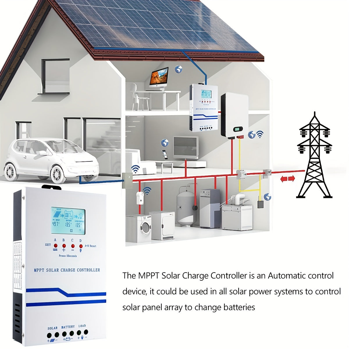 60A MPPT Solar Charge Controller for 12V/24V/36V/48V Battery Systems - Max 160VDC Photovoltaic Input, LCD Display, Compatible with AGM, Gel, Flooded and Lithium Batteries, Solar Panel Regulator for Efficient Power Management