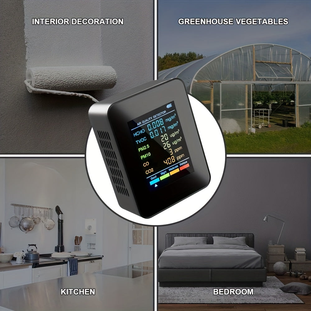 6-in-1 Multi-Function Air Quality Monitor - Detects CO2, PM2.5, PM10, TVOC & HCHO - Advanced Formaldehyde Sensor with Clear LCD Display - Ideal for Home & Office Air Health Monitoring