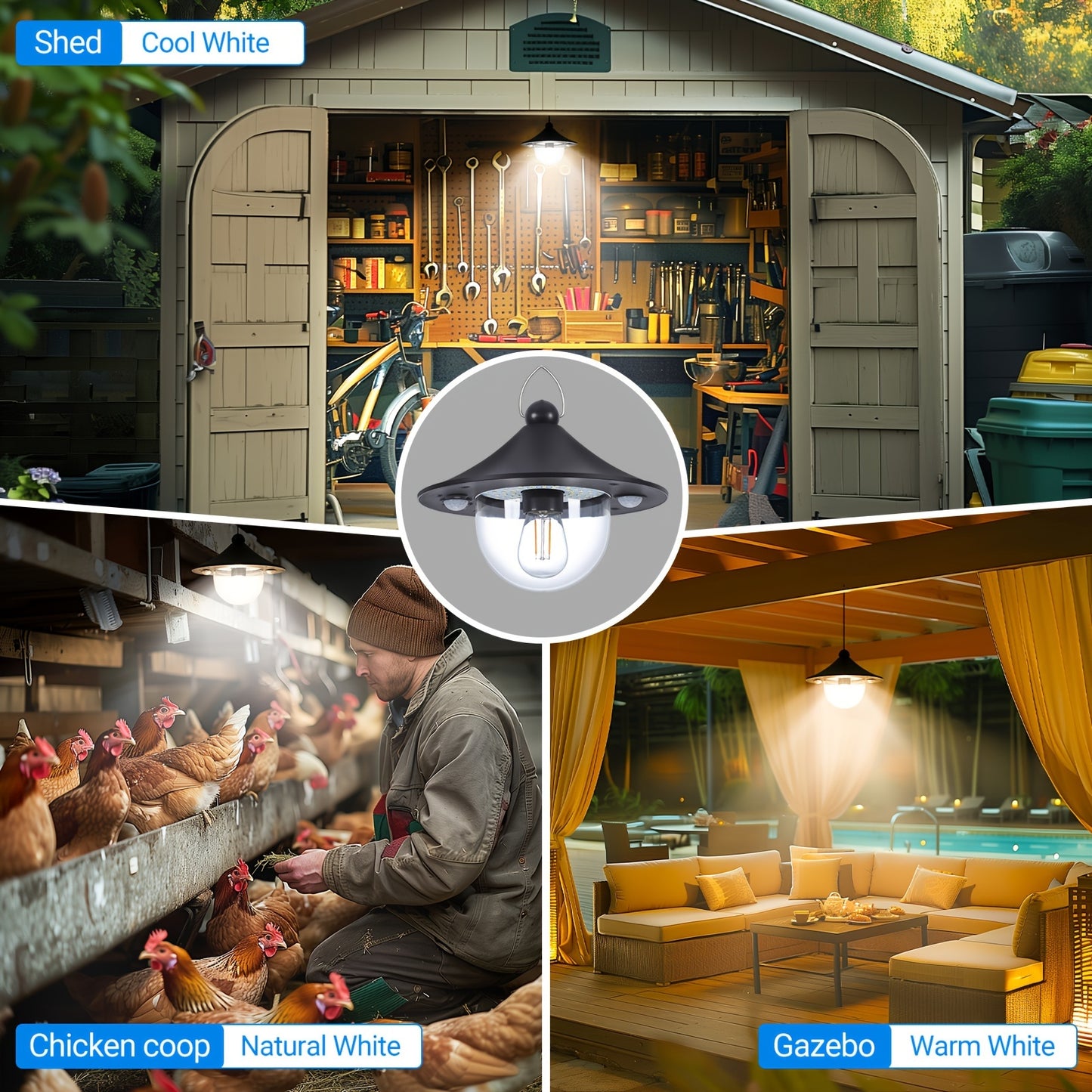 3000LM Solar Powered Indoor Outdoor Shed Light - 3 Color Temperatures, 5 Modes, Dual Motion Sensors, Remote Control, Waterproof, Lithium Battery - Semi-Flush Mount, Polycarbonate Shade, 1 Pack