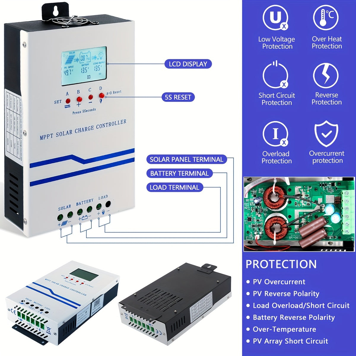 60A MPPT Solar Charge Controller for 12V/24V/36V/48V Battery Systems - Max 160VDC Photovoltaic Input, LCD Display, Compatible with AGM, Gel, Flooded and Lithium Batteries, Solar Panel Regulator for Efficient Power Management