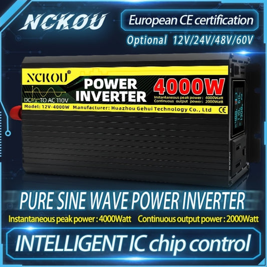 NCKOU 4000W Pure Sine Wave Power Inverter DC 12V to AC 110V with Single Outlet, 6-Group Data LCD Display, PLC Intelligent Cooling Fan, Aluminum Alloy Shell, 2000W Rated Power, US Plug