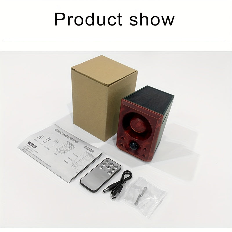 1pc 130dB Solar-Powered Alarm with Motion Detection – Dog Bark & Gunshot Sounds – Remote Controlled Security Alert System for Home, Villa, Yards, Chicken Coops, Farms, Barns