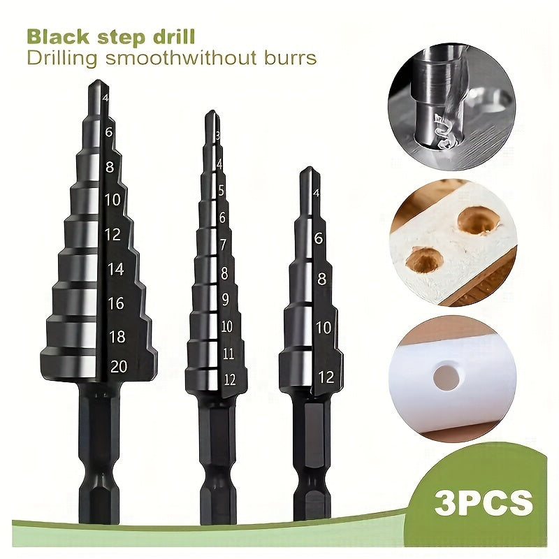 3-Piece Titanium-Coated Hss Step Drill Bit Set With Handle - Versatile For Plastic, Wood, Metal Sheet & Aluminum