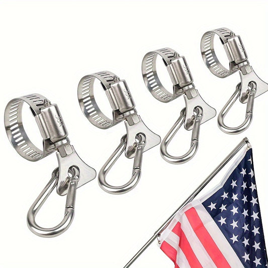 4-Piece Stainless Steel Flagpole Clips With Carabiner - Durable, Adjustable Grommet For Outdoor Flags On Poles 0.75-1.25" Diameter