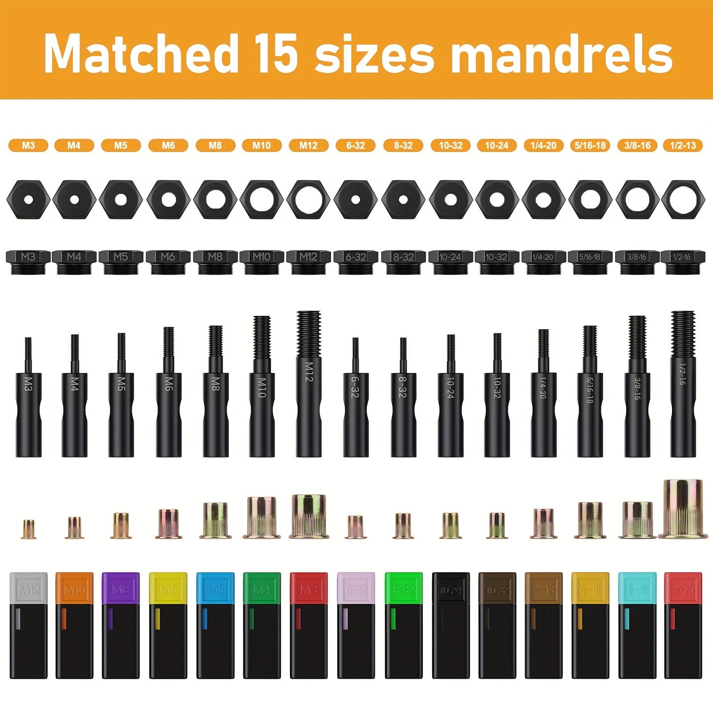 300PCS Rivet Nut Assortment Kit - VIGRUE 16 Heavy-Duty Rivet Nut Tool Set with 15PCS Metric & Inch Mandrels M3 to M12, 6-32 to 1/2-13 - Iron Construction for Durability and Long-Lasting Performance